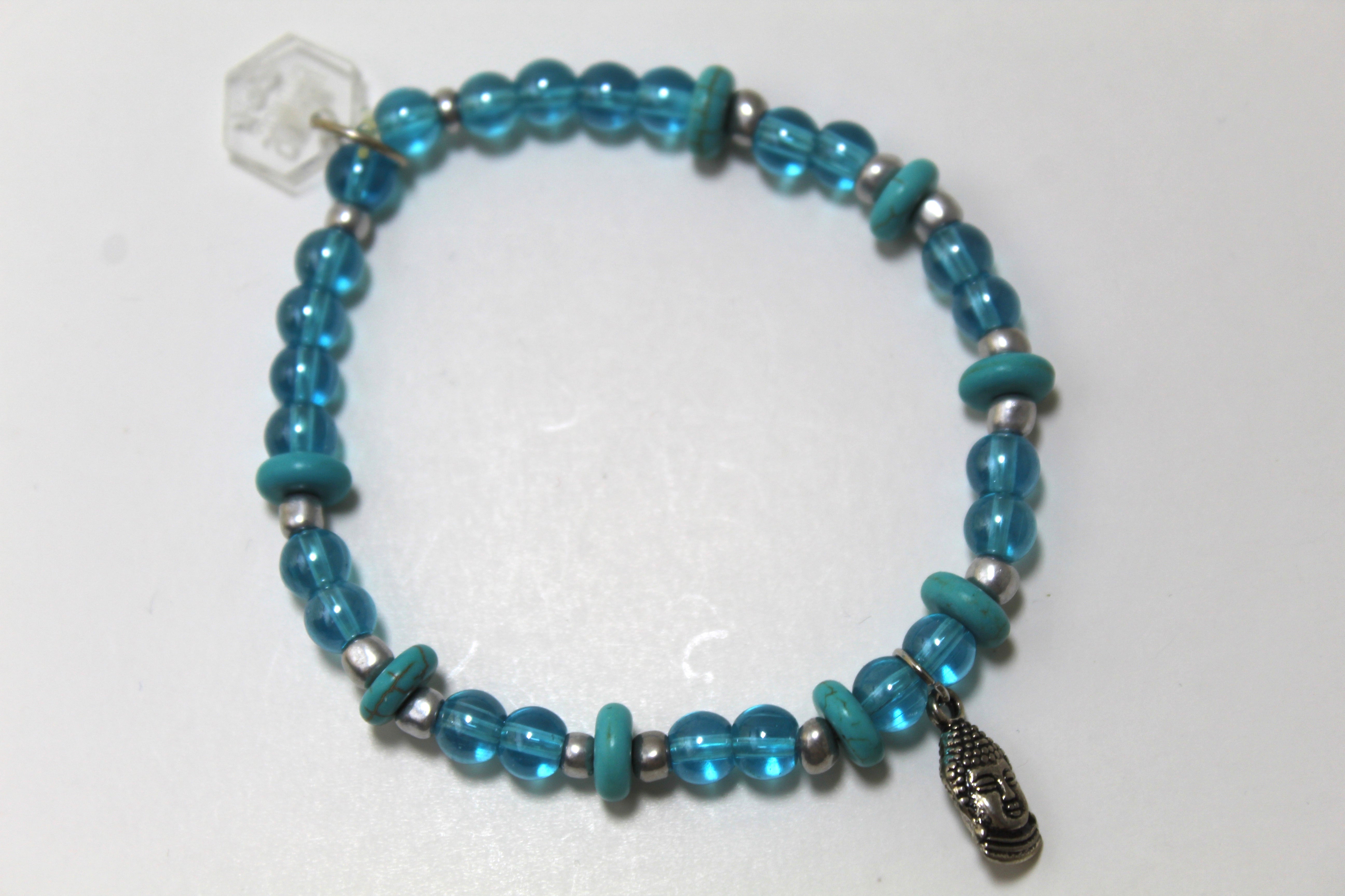 Tranquil Aura: Iridescent Blue Glass Buddha Bracelet